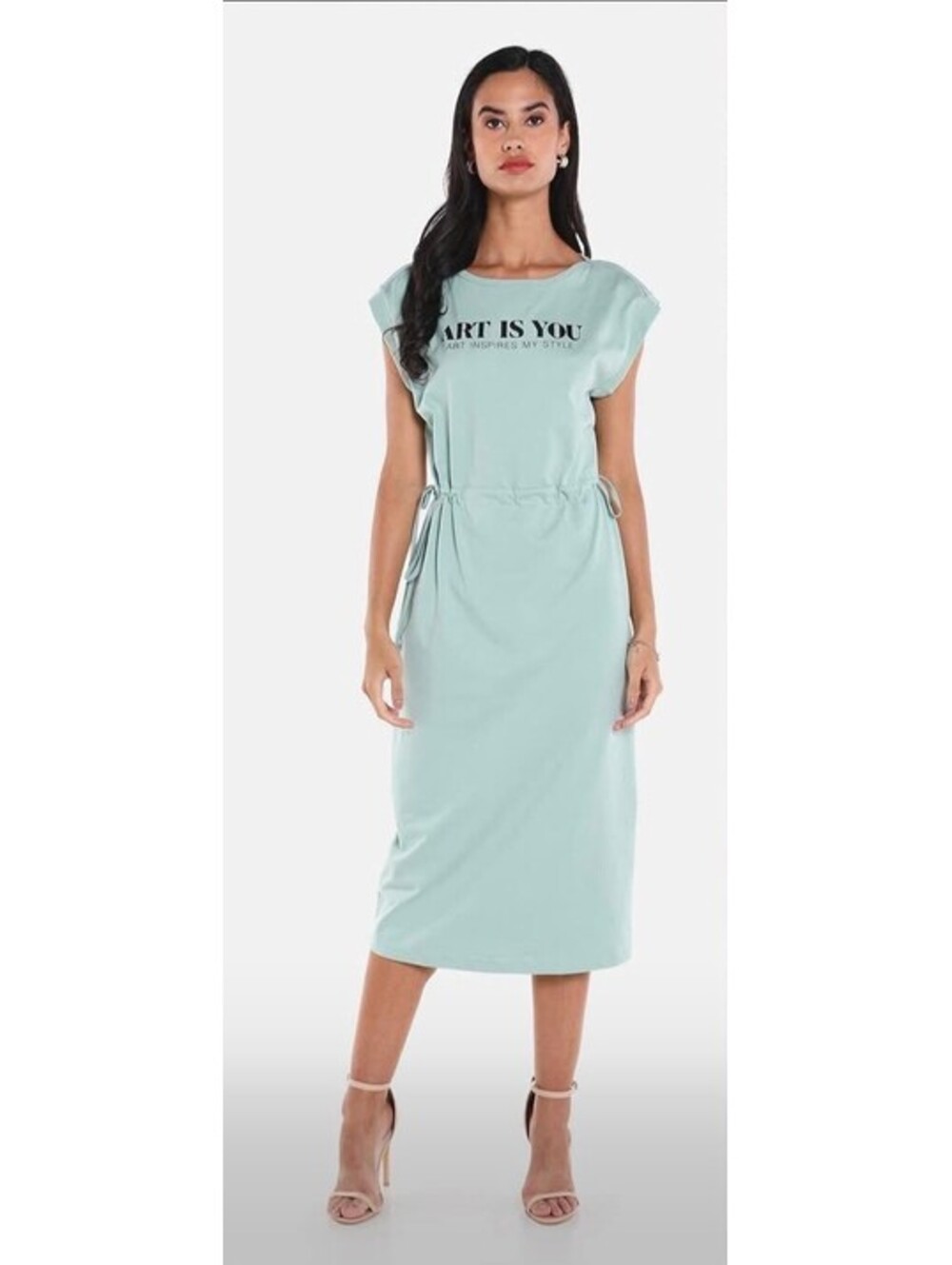 ZARA Women’s Graphic Print Boat Neck Drawstring Midi cotton TShirt Dress sz S